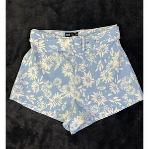 Zara‎ Floral Print Belted High Waist Shorts Blue White Summer Casual Small